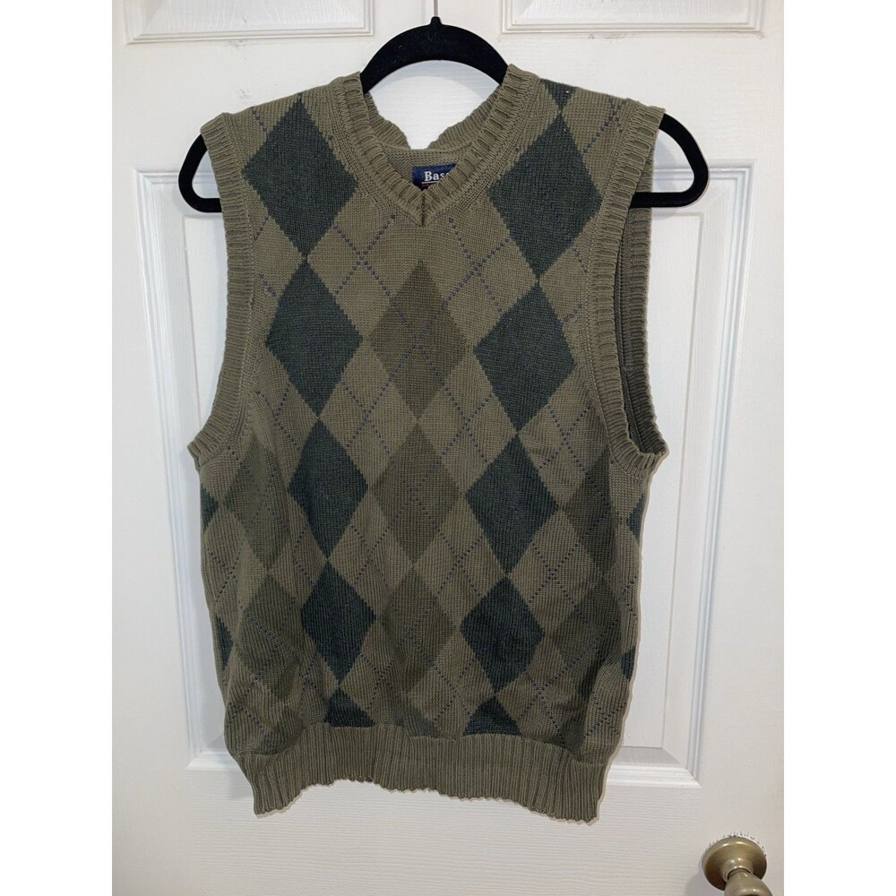 Bass Mens Sweater Vest Diamond Pattern Olive Green Size Small 100% Cotton